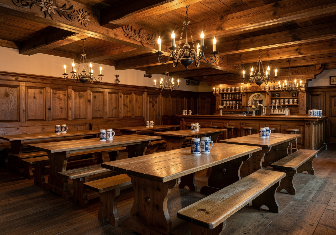 Traditional bavarian interior wooden beer hall warm lighting premium
