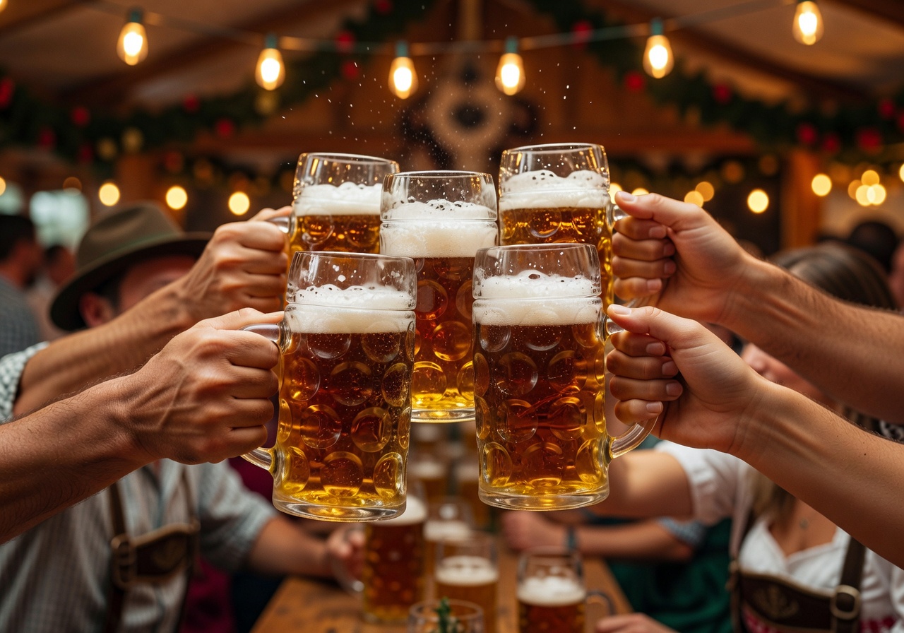 Beer mugs cheers oktoberfest close up warm lighting